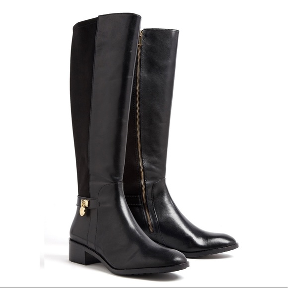 MICHAEL KORS Hamilton Black Leather Riding Boots with Gold Logo Charm - 9.5 - Picture 1 of 10
